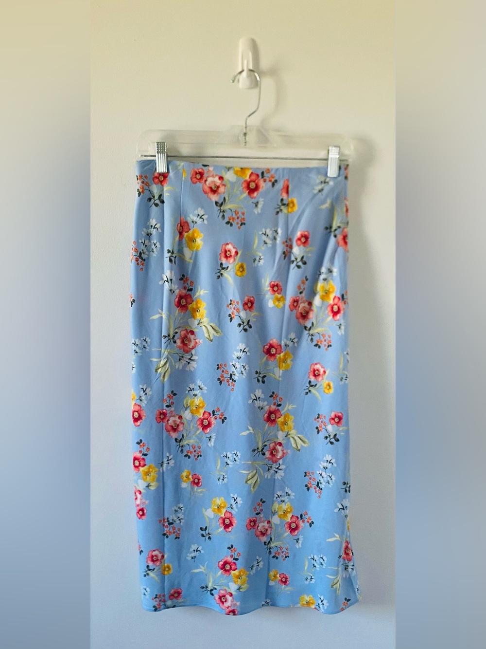 Light Blue Floral Midi Slip Skirt, Cottagecore, Prairie, Coastal Grandma Size L